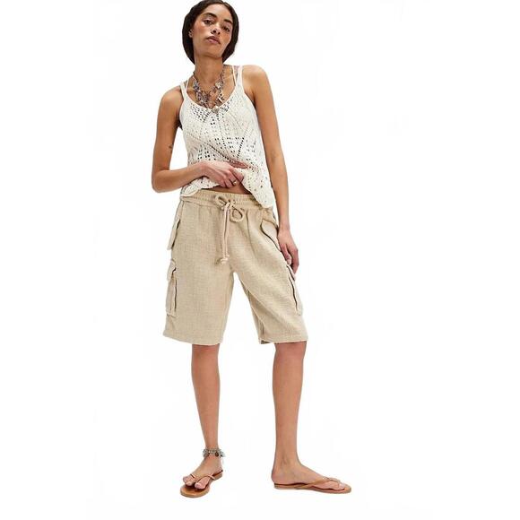 Free People Pants - Free People Sea La Vie Cargo Shorts Mid Rise Pull-on Beach Beige Sz S #765
